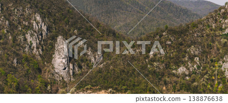 Panorama with Rock Sculpture of Decebalus above Danube River Panorama with Rock Sculpture of Decebalus above Danube River 138876638