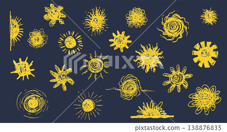 Whimsical sun doodle set in crayon and chalk style Whimsical sun doodle set in crayon and chalk style 138876835