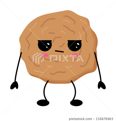 Round, brown cookie character with a frowning face 138876863