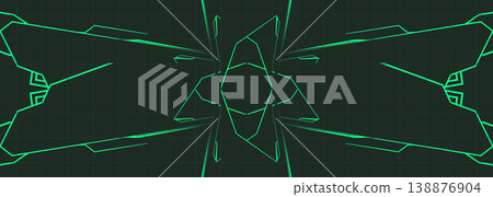 Dark green angular lines converging abstract background with symmetrical star center, neon glow and textured circuitry. Strong futuristic vibe with deep contrast and subtle grain. Suitable for tech Dark green angular lines converging abstract background with symmetrical star center, neon glow and textured circuitry. Strong futuristic vibe with deep contrast and subtle grain. Suitable for tech 138876904