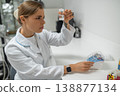 Female dentist focusing on glass bottle 138877134