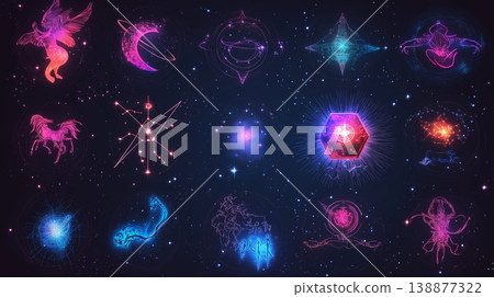 Neon constellation art of zodiac signs set against a starry night sky. Astrological symbols 138877322