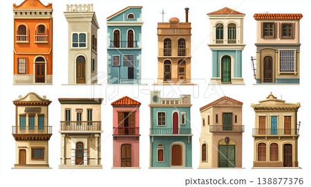 Collection of colorful and unique houses with distinct architectural styles 138877376