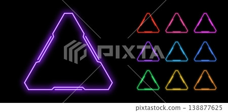 Outline neon triangle frame, vector set. Neon triangle HUD frame, glow line UI border with space for text. Triangular led border silhouette. Game design element and HUD shape with glow light effect Outline neon triangle frame, vector set. Neon triangle HUD frame, glow line UI border with space for text. Triangular led border silhouette. Game design element and HUD shape with glow light effect 138877625