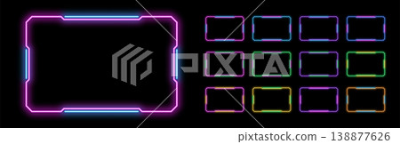 Bicolor outline neon rectangle frame, vector set. Neon rectangle HUD frame, glow line UI border with space for text. Bicolor rectangular led borders. Game design element, HUD shape with glow effect Bicolor outline neon rectangle frame, vector set. Neon rectangle HUD frame, glow line UI border with space for text. Bicolor rectangular led borders. Game design element, HUD shape with glow effect 138877626