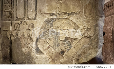 Beautiful bas-reliefs and ancient hieroglyphs from the Dendera Temple Complex, Qena, Egypt 138877704