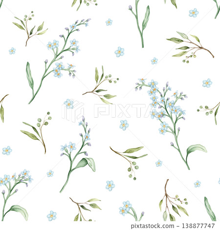 Watercolor seamless pattern with illustration green leaves and light blue forget-me-nots. Wildflowers herbs flowers. Wedding invites, fashion, prints, backgrounds. Mono floral pattern 138877747