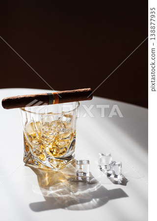 Whiskey Glass with Cigar. Luxurious Bar Ambience Whiskey Glass with Cigar. Luxurious Bar Ambience 138877935
