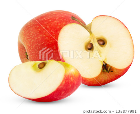 Red apple with cut in half and slice isolated with clipping path. Pink lady apples isolated. Red apple with cut in half and slice isolated with clipping path. Pink lady apples isolated. 138877991