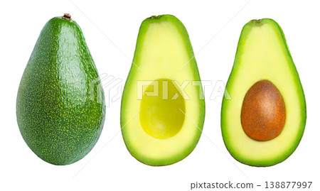 Whole and halved avocados collection isolated on white background. Green avocado and cut in a half of avocado with pit and without seed set without shadow. Whole and halved avocados collection isolated on white background. Green avocado and cut in a half of avocado with pit and without seed set without shadow. 138877997