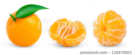 Collection of ripe clementines, whole and peeled, without peel, isolated on a white background. Mandarin with leaf. Tangerine and peeled half. Collection of ripe clementines, whole and peeled, without peel, isolated on a white background. Mandarin with leaf. Tangerine and peeled half. 138878001