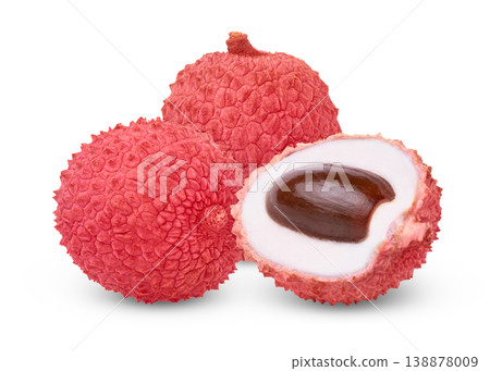 Red or pink lychees. Pink juicy lychee and half of lychee with seed or pit isolated. Red or pink lychees. Pink juicy lychee and half of lychee with seed or pit isolated. 138878009