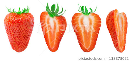 Ripe isolated strawberries without shadow set. Whole strawberry and cut in a half of strawberry, no shadow. 138878021