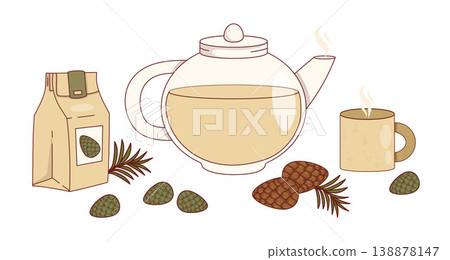 Pine Cone Apothecary Tea. Glass Teapot and Ceramic Cup With Young Green, Brown Cones And Kraft Paper Bag. Forest Phytotherapy And Healthy Winter Stock. Isolated Eco Elements. Vector Illustration. 138878147