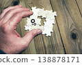 A hand is holding a puzzle piece with a gear on it 138878171