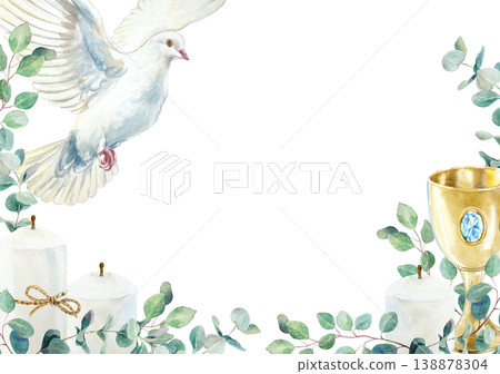 Frame with candles, green eucalyptus leaves and a white flying dove. Hand drawn watercolor illustration, isolated. Religious clip art for card and invitation for First Communion, Baptism and Easter. Frame with candles, green eucalyptus leaves and a white flying dove. Hand drawn watercolor illustration, isolated. Religious clip art for card and invitation for First Communion, Baptism and Easter. 138878304