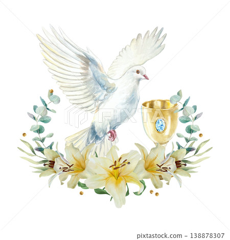 Flying white dove, lilies and a golden chalice. Symbol of purity and faith. Hand drawn watercolor illustration, isolated. For designing cards and invitations for First Communion, Baptism and Easter. Flying white dove, lilies and a golden chalice. Symbol of purity and faith. Hand drawn watercolor illustration, isolated. For designing cards and invitations for First Communion, Baptism and Easter. 138878307