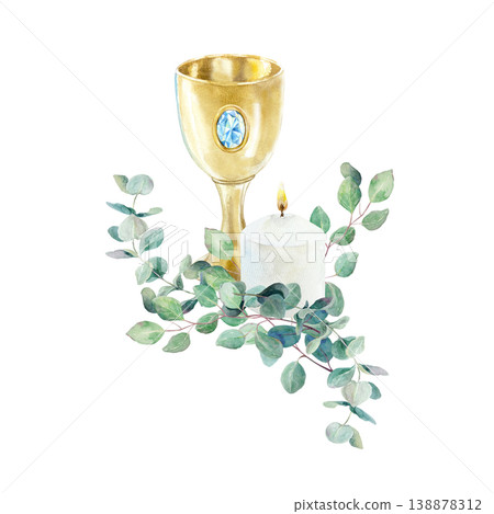 Green eucalyptus branches, a golden chalice and a burning candle. Hand drawn watercolor religious illustration, isolated. For designing cards and invitations for First Communion, Baptism and Easter. 138878312