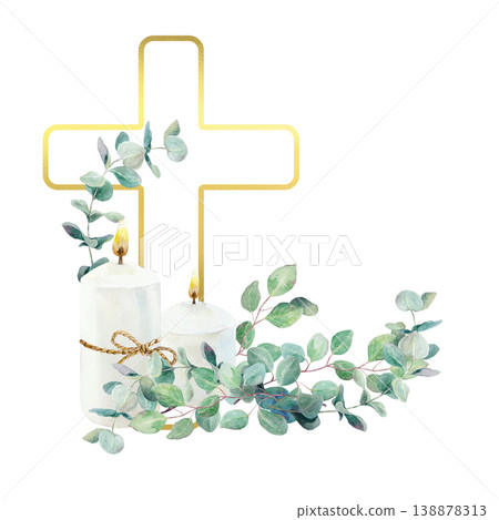 Burning candles, a golden cross and green eucalyptus branches. Hand drawn watercolor religious illustration isolated for card and invitation design for First Communion, Baptism and Easter ceremonies. 138878313