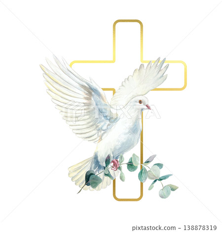 White dove flying with a eucalyptus branch and a golden cross. Hand drawn watercolor religious illustration, isolated. For designing cards and invitations for First Communion, Baptism and Easter. 138878319