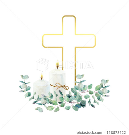 Burning candles, a golden cross and eucalyptus branches. Hand drawn watercolor religious illustration isolated for card and invitation design for First Communion, Baptism and Easter ceremonies. Burning candles, a golden cross and eucalyptus branches. Hand drawn watercolor religious illustration isolated for card and invitation design for First Communion, Baptism and Easter ceremonies. 138878322