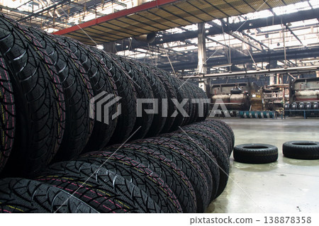 Produced tires storage at rubber production plant stock photo Produced tires storage at rubber production plant stock photo 138878358