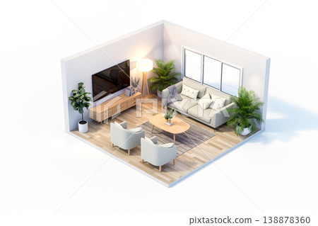 Modern isometric living room interior with a cross-section view.3d render. Modern isometric living room interior with a cross-section view.3d render. 138878360