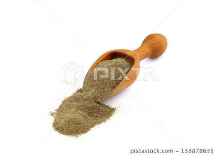 Pile of ground black pepper spice isolated on white background. Top view, close-up, organic seasoning Pile of ground black pepper spice isolated on white background. Top view, close-up, organic seasoning 138878635