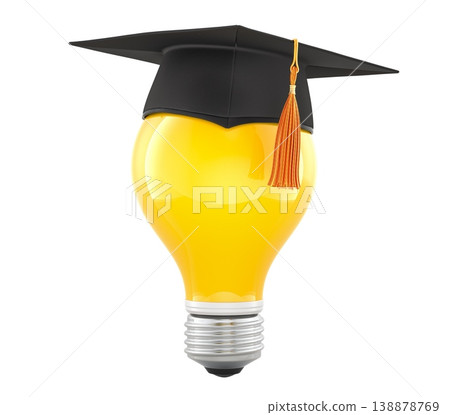 Yellow light bulb with graduation cap. Education, knowledge, smart idea concept. 3D rendering Yellow light bulb with graduation cap. Education, knowledge, smart idea concept. 3D rendering 138878769