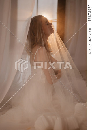 Romantic Portrait Capturing Bride Under Veil With Warm Sunset Hues And Delicate Accessories Romantic Portrait Capturing Bride Under Veil With Warm Sunset Hues And Delicate Accessories 138878985