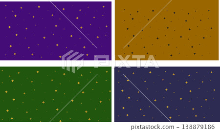 Four seamless patterns with scattered golden stars on different colored backgrounds, perfect for decorative designs and wallpapers. 138879186