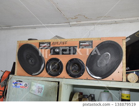 Homemade speaker system from car speakers and radio tape recorder. Homemade speaker system from car speakers and radio tape recorder. 138879519