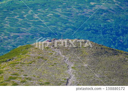 The summit of the Hokkaido Alpine Trail, where trail markers and hikers are visible. A spectacular view representing the magnificent nature of Hokkaido. Capturing the majestic natural beauty of Hokkaido. The summit of the Hokkaido Alpine Trail, where trail markers and hikers are visible. A spectacular view representing the magnificent nature of Hokkaido. Capturing the majestic natural beauty of Hokkaido. 138880172