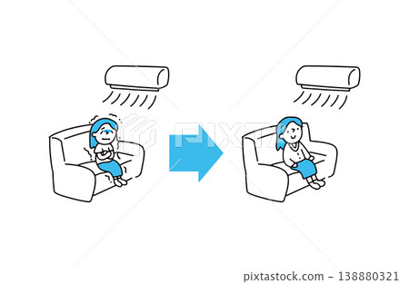 插圖描繪了一位女士因空調而感到寒冷,以及另一位女士透過穿上外套來調節溫度。 插圖描繪了一位女士因空調而感到寒冷,以及另一位女士透過穿上外套來調節溫度。 138880321