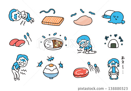A set of illustrations depicting various bacteria and people suffering from food poisoning. A set of illustrations depicting various bacteria and people suffering from food poisoning. 138880323