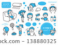 A set of illustrations showing people taking various measures to prevent heatstroke. 138880325