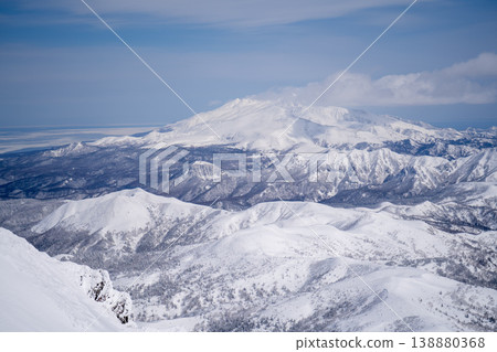 Snow-covered mountains and large volcanoes in Hokkaido winter. A spectacular view representing the magnificent nature of Hokkaido. Wind capturing the majestic natural beauty of Hokkaido. Snow-covered mountains and large volcanoes in Hokkaido winter. A spectacular view representing the magnificent nature of Hokkaido. Wind capturing the majestic natural beauty of Hokkaido. 138880368