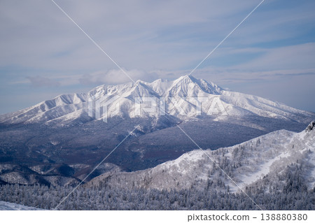 A mountain range with multiple peaks covered in winter snow. A spectacular view that represents the great nature of Hokkaido. A landscape photograph capturing the magnificent natural beauty of Hokkaido. A mountain range with multiple peaks covered in winter snow. A spectacular view that represents the great nature of Hokkaido. A landscape photograph capturing the magnificent natural beauty of Hokkaido. 138880380