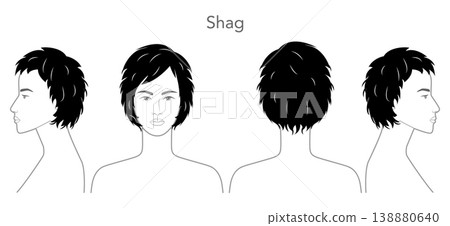 Shag hairstyle black white vector front back profile views, layered hair structure messy texture composition for salon, Shag hairstyle black white vector front back profile views, layered hair structure messy texture composition for salon, 138880640