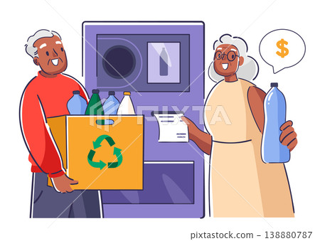 Senior Couple Recycling Bottles Cartoon 138880787