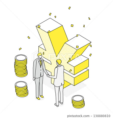 Isometric line drawing illustration of businessmen shaking hands in front of a giant yen symbol. 138880810