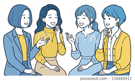 插圖描繪了四位女性圍坐在一起進行圓桌討論的場景，她們正在交換意見和進行交流。 138880911