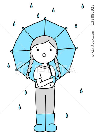 An illustration of a girl walking in the rain wearing a blue umbrella and rain boots, against a transparent background. An illustration of a girl walking in the rain wearing a blue umbrella and rain boots, against a transparent background. 138880925