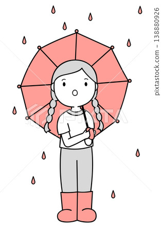 一張女孩撐著粉紅色雨傘,表情驚訝的插圖,背景透明。 一張女孩撐著粉紅色雨傘,表情驚訝的插圖,背景透明。 138880926