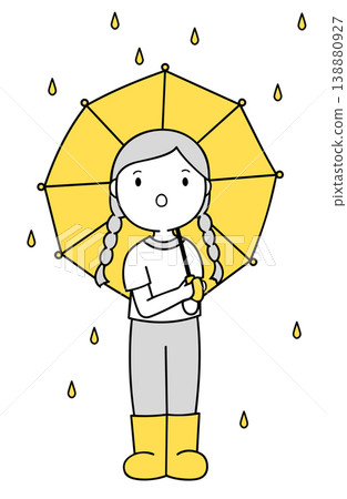 一幅插圖,描繪了一個女孩站在雨中,撐著黃色雨傘,穿著雨靴,背景是透明的。 一幅插圖,描繪了一個女孩站在雨中,撐著黃色雨傘,穿著雨靴,背景是透明的。 138880927
