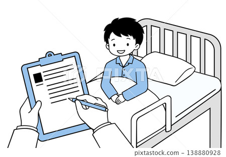 Illustration of a patient receiving an explanation from a doctor in a hospital bed, with a transparent background. 138880928