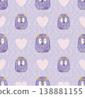 Seamless pattern. Owl purple, baby, pink hearts, purple abstract background. Cartoon character. Watercolor, pencil. Cute illustration in a flat style 138881155