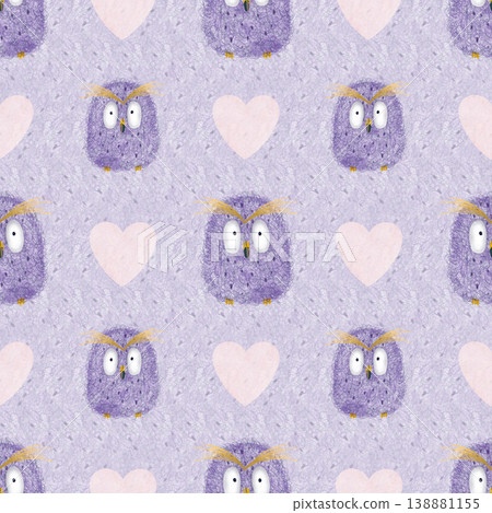 Seamless pattern. Owl purple, baby, pink hearts, purple abstract background. Cartoon character. Watercolor, pencil. Cute illustration in a flat style Seamless pattern. Owl purple, baby, pink hearts, purple abstract background. Cartoon character. Watercolor, pencil. Cute illustration in a flat style 138881155
