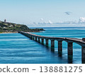 Aerial view of Kouri Bridge and the emerald green sea in Okinawa. 138881275