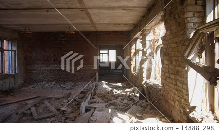 Sunlit Ruined Room With Scattered Timber And Cracked Plaster Near Window, Soft Warm Light Cutting Through Dust Contemplative Scene Reflecting Civilian Aftermath And Photographic Survey Sunlit Ruined Room With Scattered Timber And Cracked Plaster Near Window, Soft Warm Light Cutting Through Dust Contemplative Scene Reflecting Civilian Aftermath And Photographic Survey 138881298
